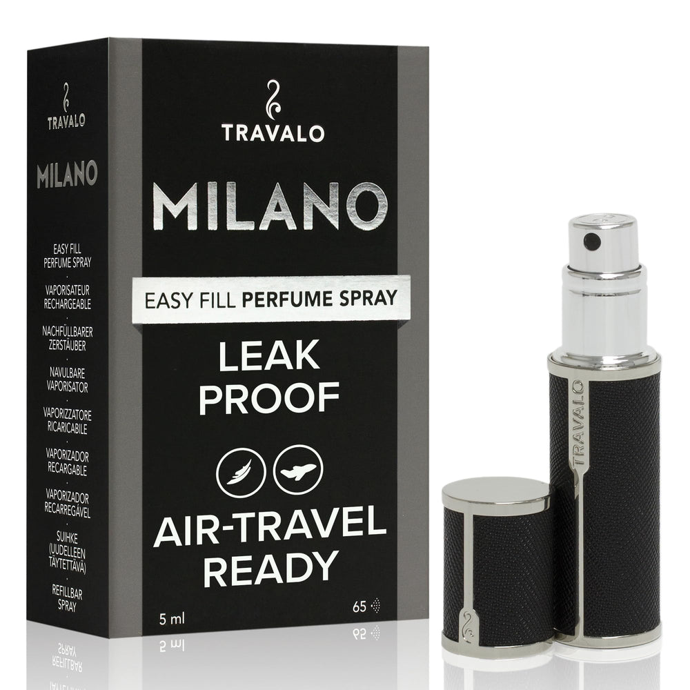 Travalo Milano atomiseur noir en cuir végan, design élégant pour le voyage.