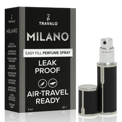Travalo Milano atomiseur noir en cuir végan, design élégant pour le voyage.