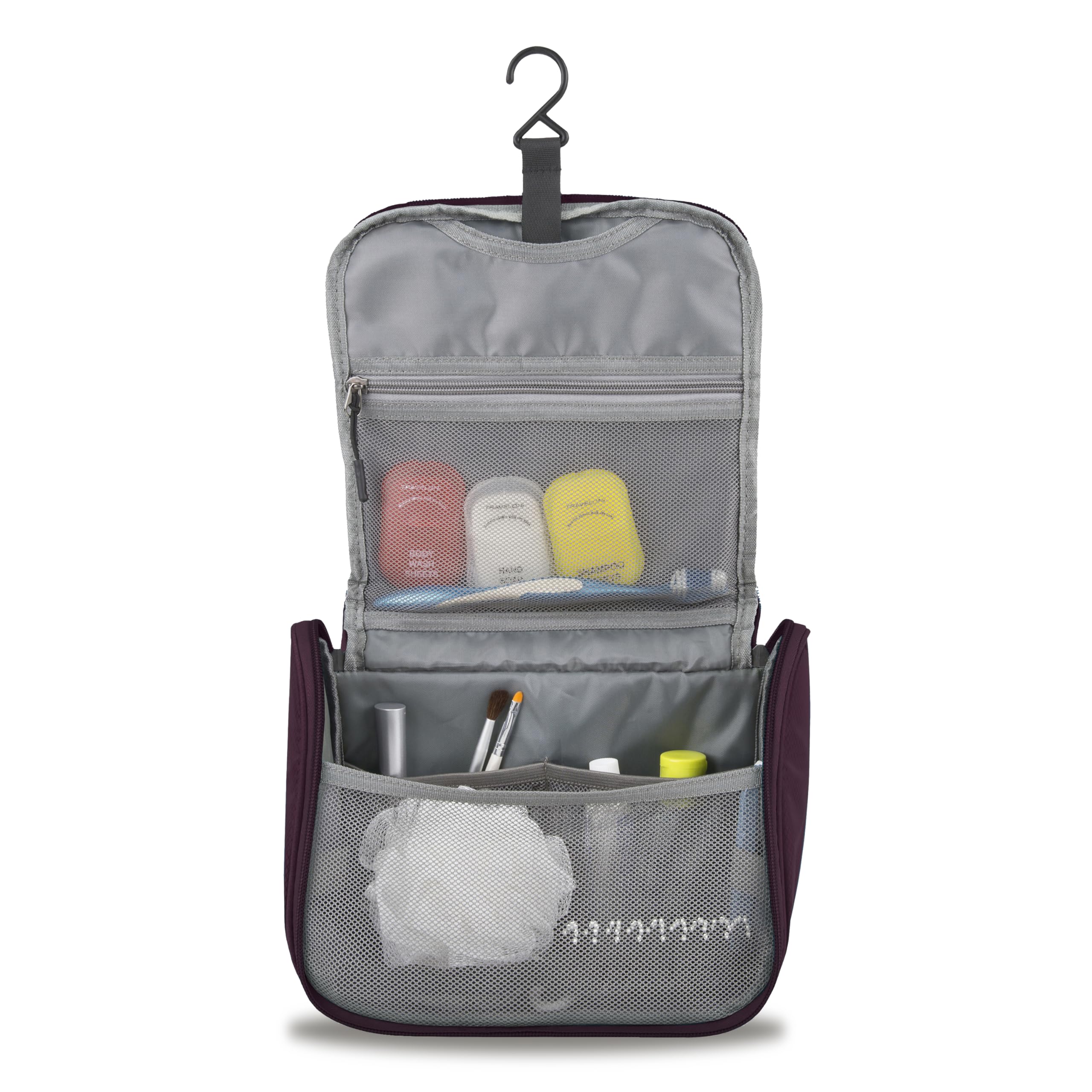 Trousse Travelon suspendue avec anse pratique pour accrocher et gagner de l’espace.