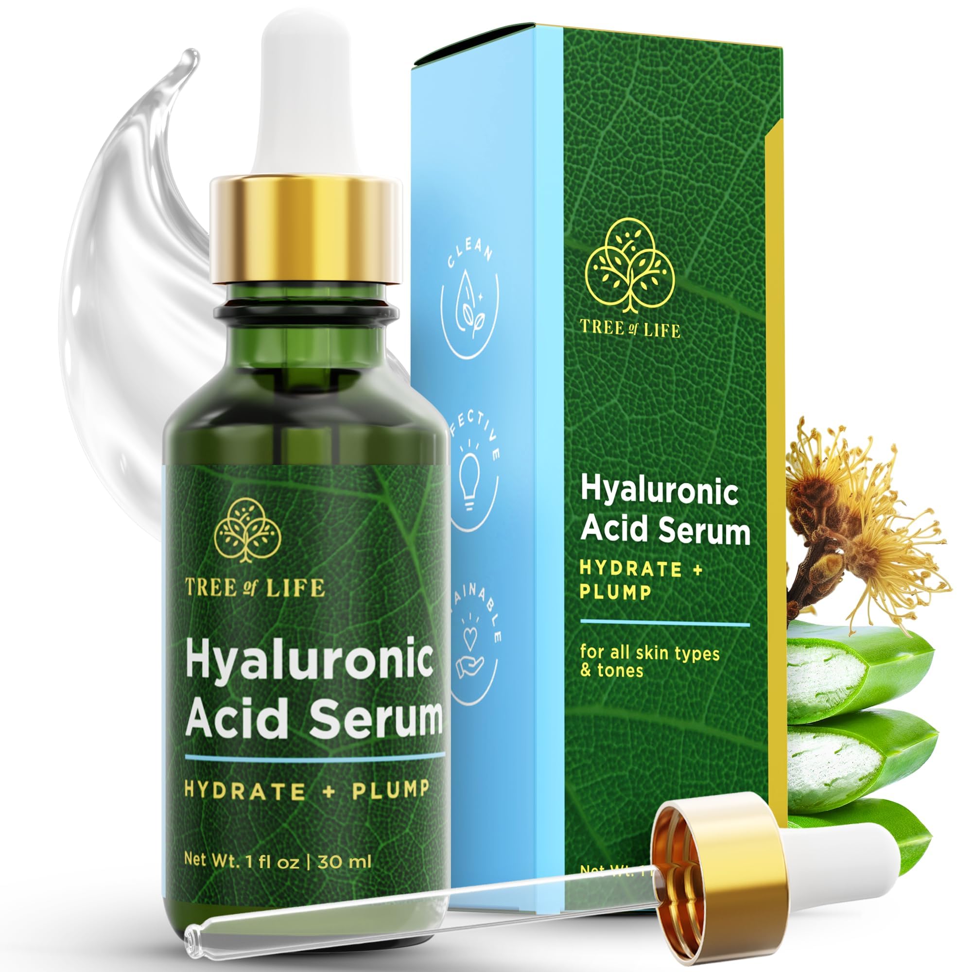 Tree of Life Beauty Sérum acide hyaluronique — bouteille claire pour hydratation durable.