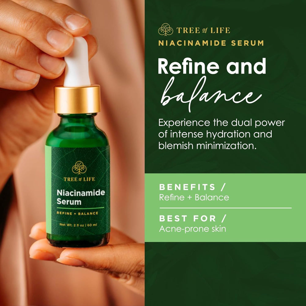 Gouttes du sérum Tree of Life Beauty Niacinamide pour absorption rapide.