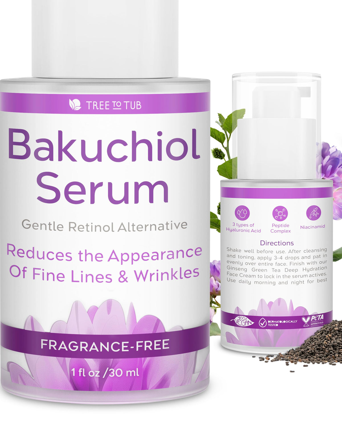 Tree To Tub Bakuchiol Serum Visage, flacon élégant, hydratation durable possible.
