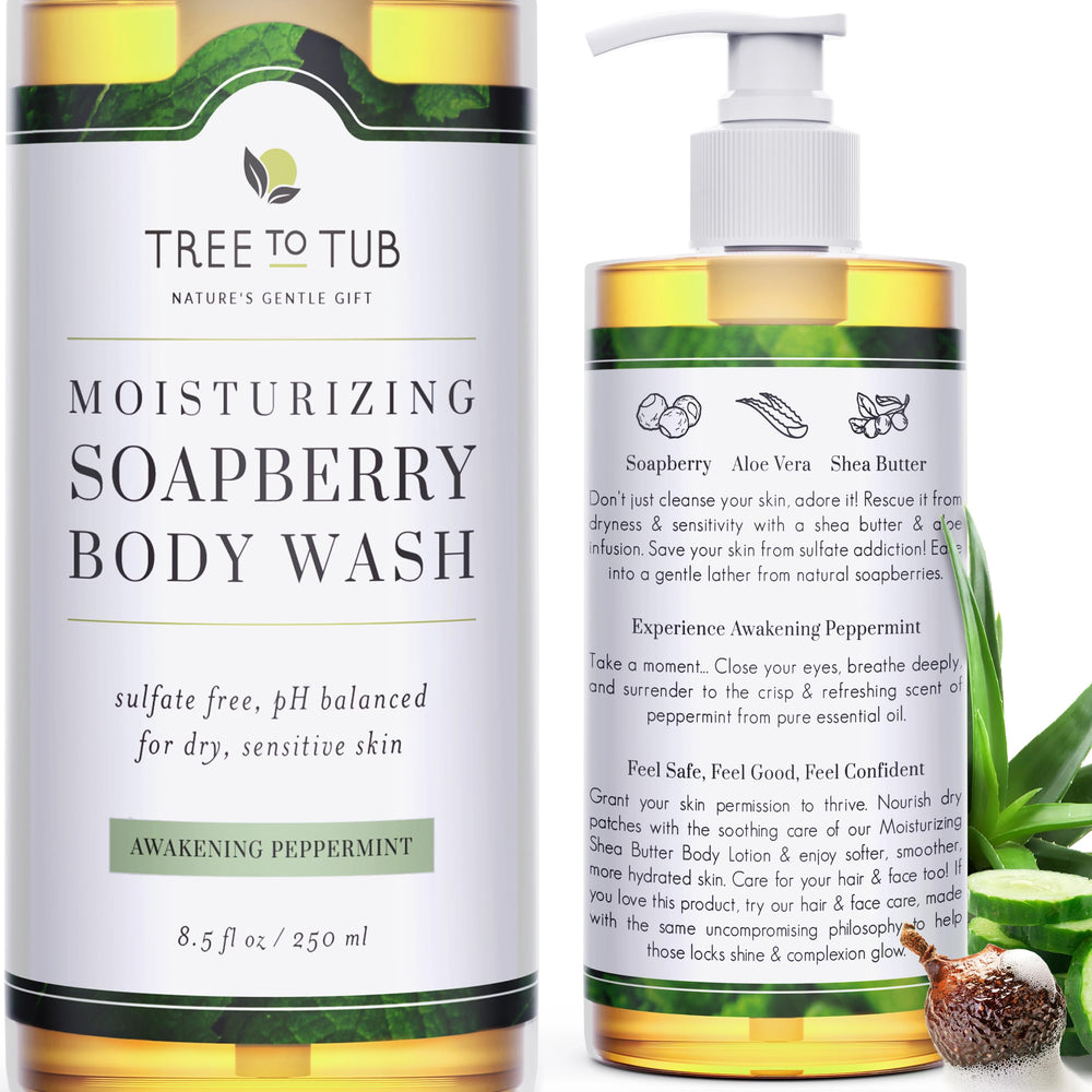 Tree to Tub gel douche menthe bouteille, hydratation douce adaptée aux peaux sensibles.