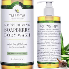 Tree to Tub gel douche menthe bouteille, hydratation douce adaptée aux peaux sensibles.