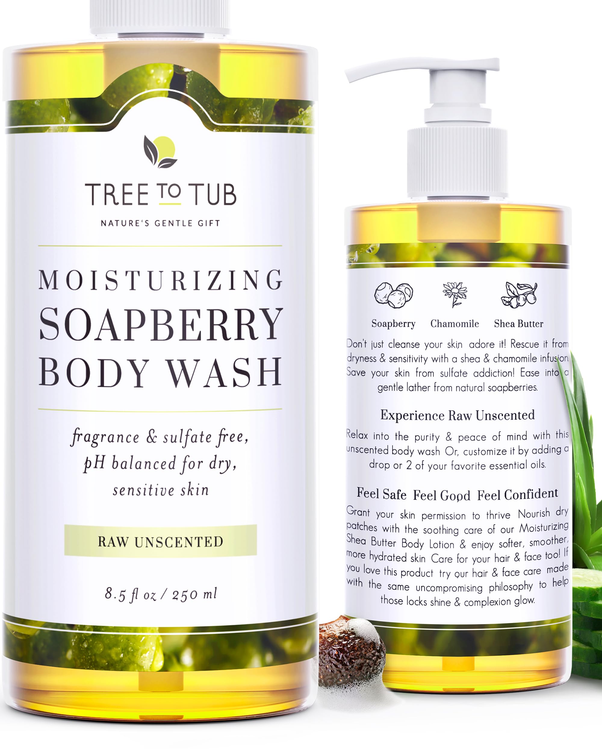 Tree to Tub gel-douche sans senteur en bouteille, nettoie en douceur.