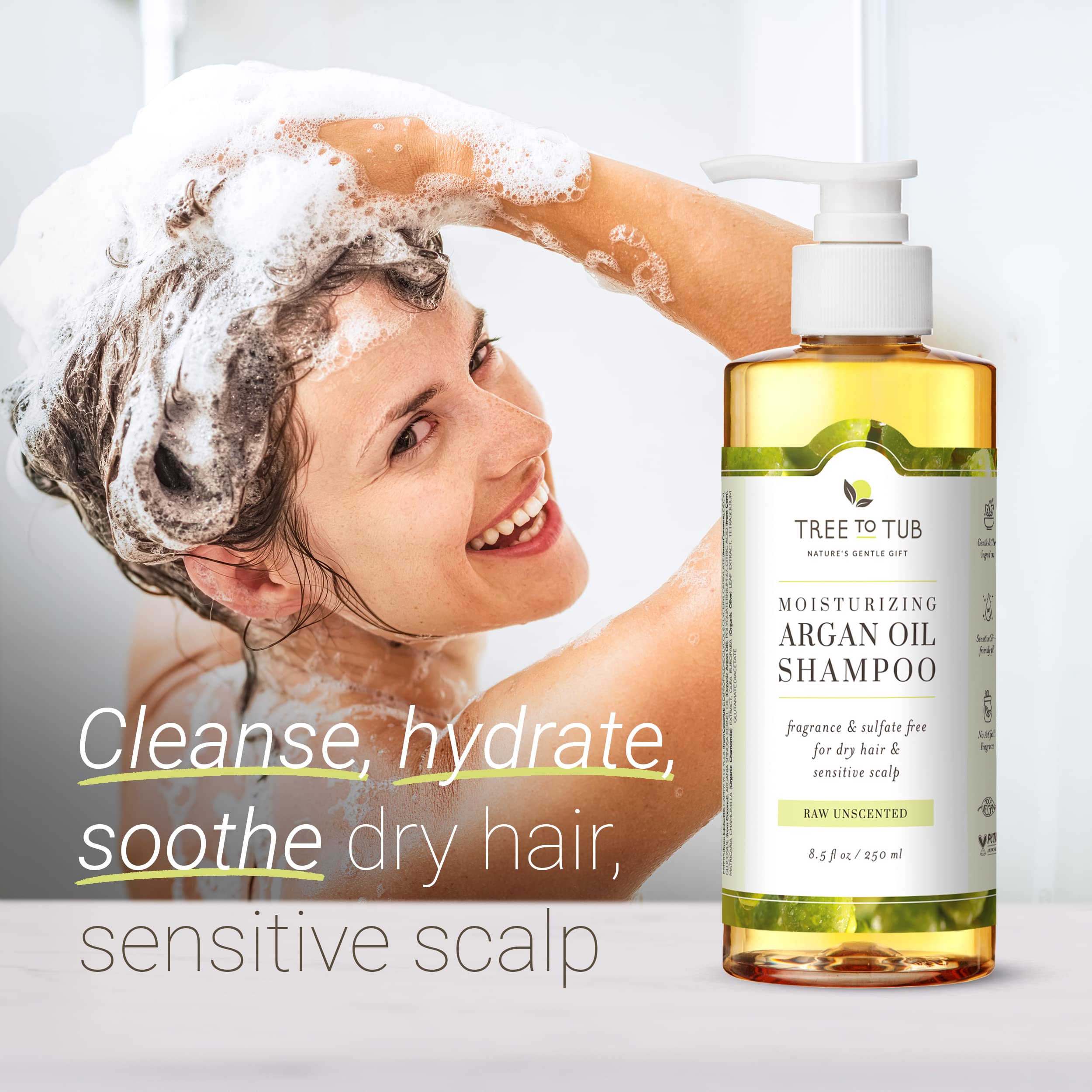 Tree to Tub Huile d’Argan biologique, hydratation légère pour cheveux doux.