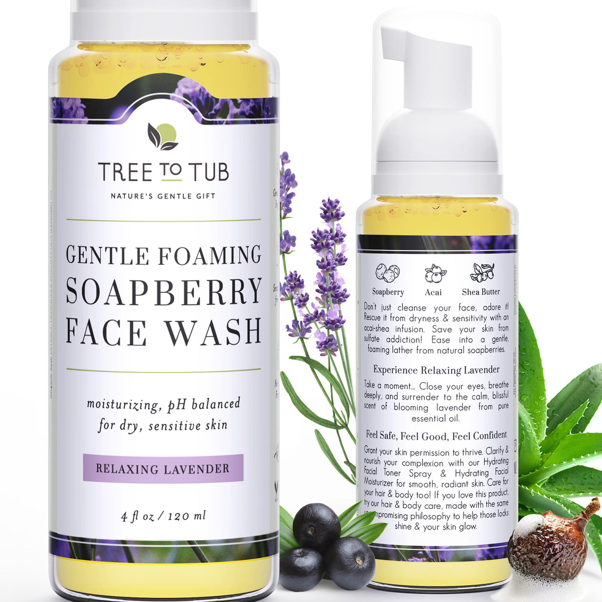 Tree to Tub lavage visage peau sensible, bouteille pompe pour hydratation douce.