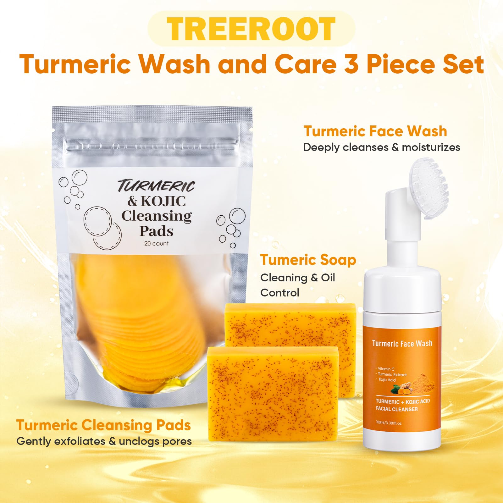 Treeroot Nettoyant Visage Curcuma avec Brosse pour peau douce