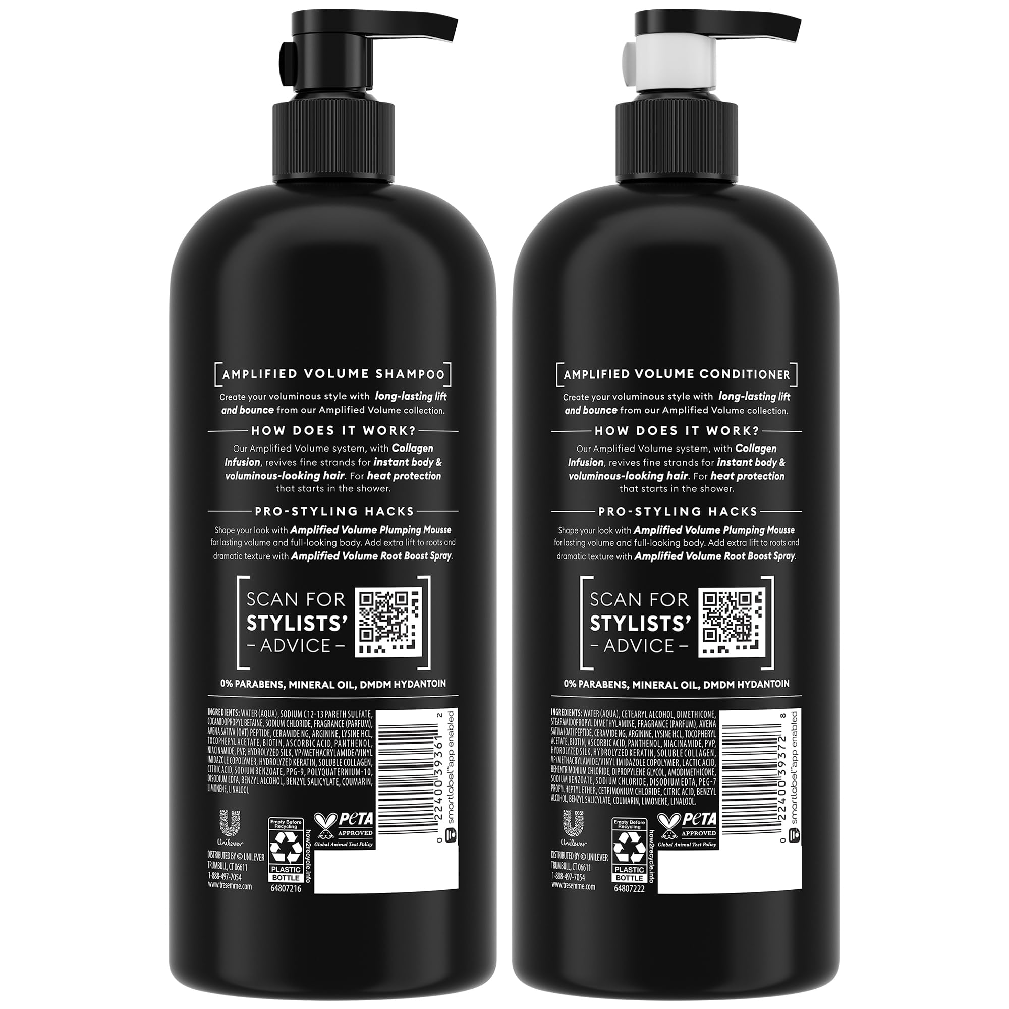 Après-shampooing Amplified Volume de TRESemmé, flacon; démêle et apporte souplesse sans alourdir.