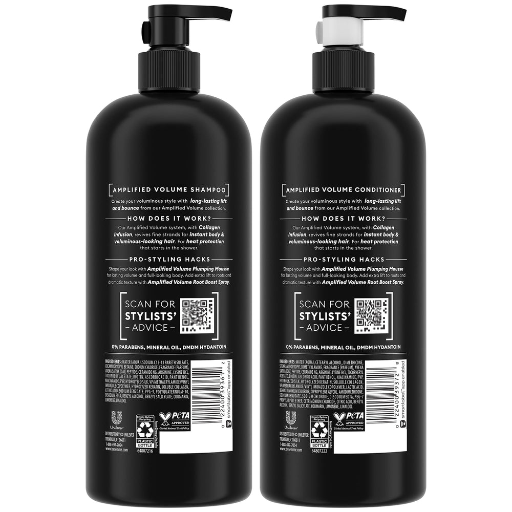 Après-shampooing Amplified Volume de TRESemmé, flacon; démêle et apporte souplesse sans alourdir.
