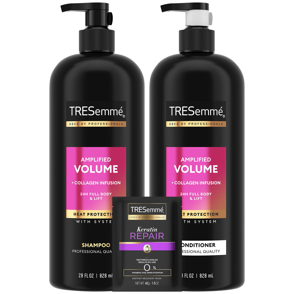 Shampooing Amplified Volume de TRESemmé, flacon; offre volume durable et corps naturel.