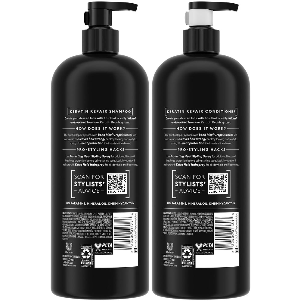 Après-shampooing Keratin Repair de Tresemmé, flacon assorti et douceur sans lourdeur.
