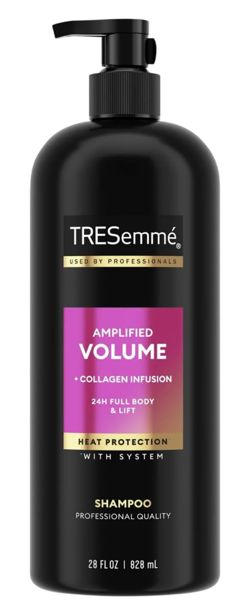Etiquette et flacon TRESemmé, met en avant le controle-volume et protéines de soie.