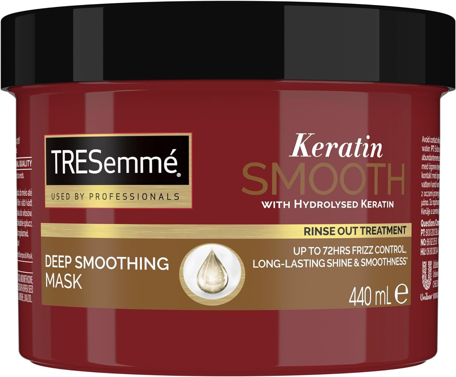 TRESemmé Keratin Smooth Masque : bouteille et application facile pour cheveux soyeux