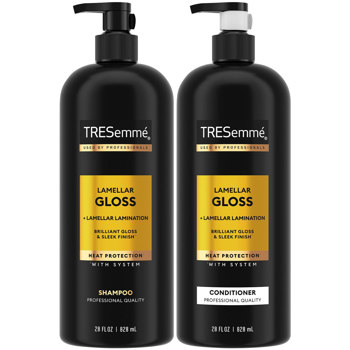 Shampoing TRESemmé Lamellar Gloss, flacon élégant pour cheveux lisses et brillants