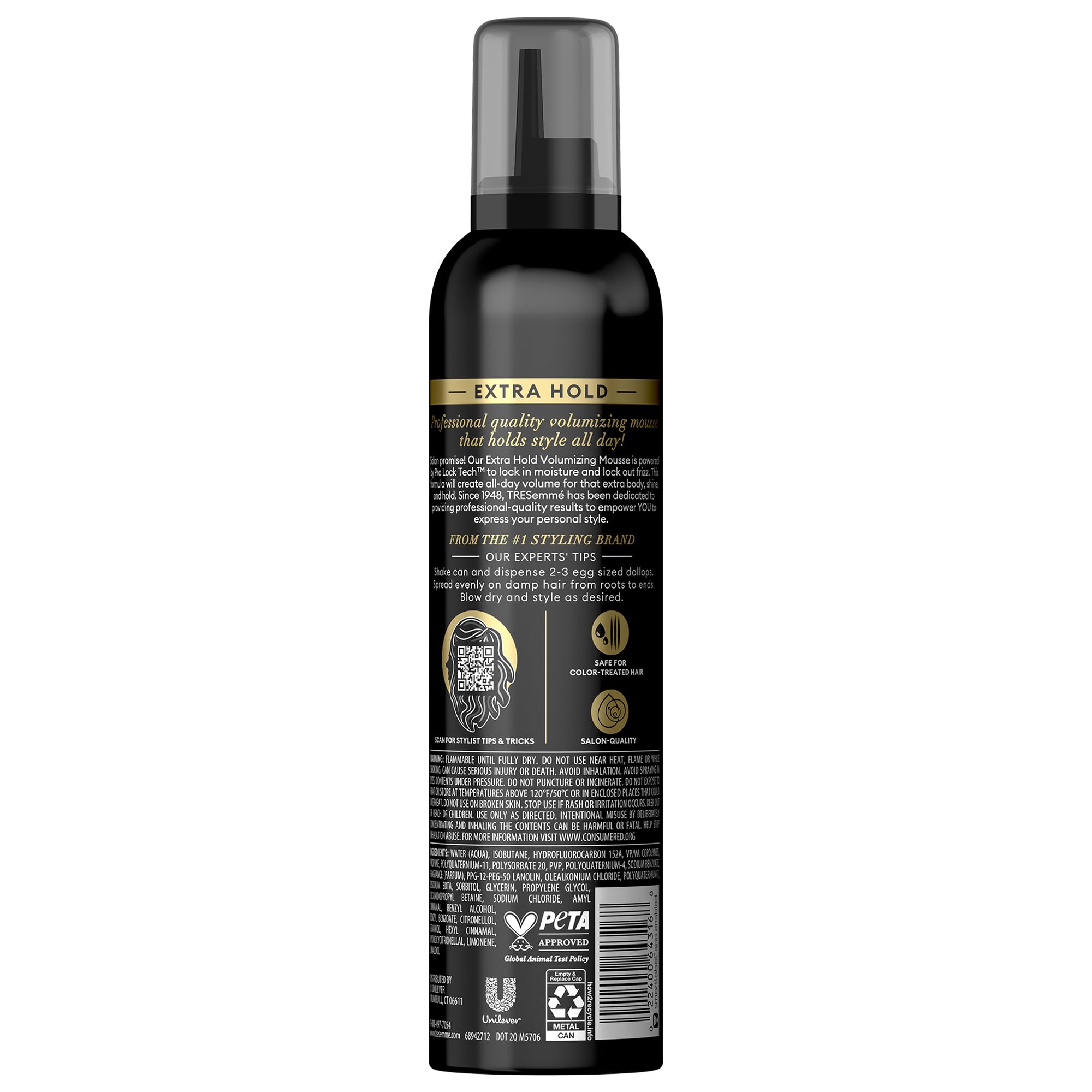 Tresemme mousse-coiffage-extra-hold – flacon en gros plan pour fixation durable.