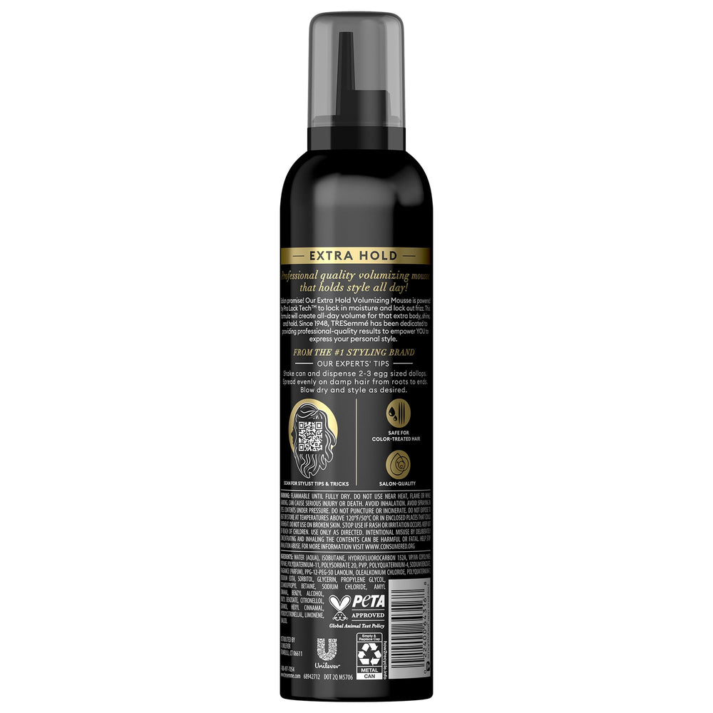 Tresemme mousse-coiffage-extra-hold – flacon en gros plan pour fixation durable.
