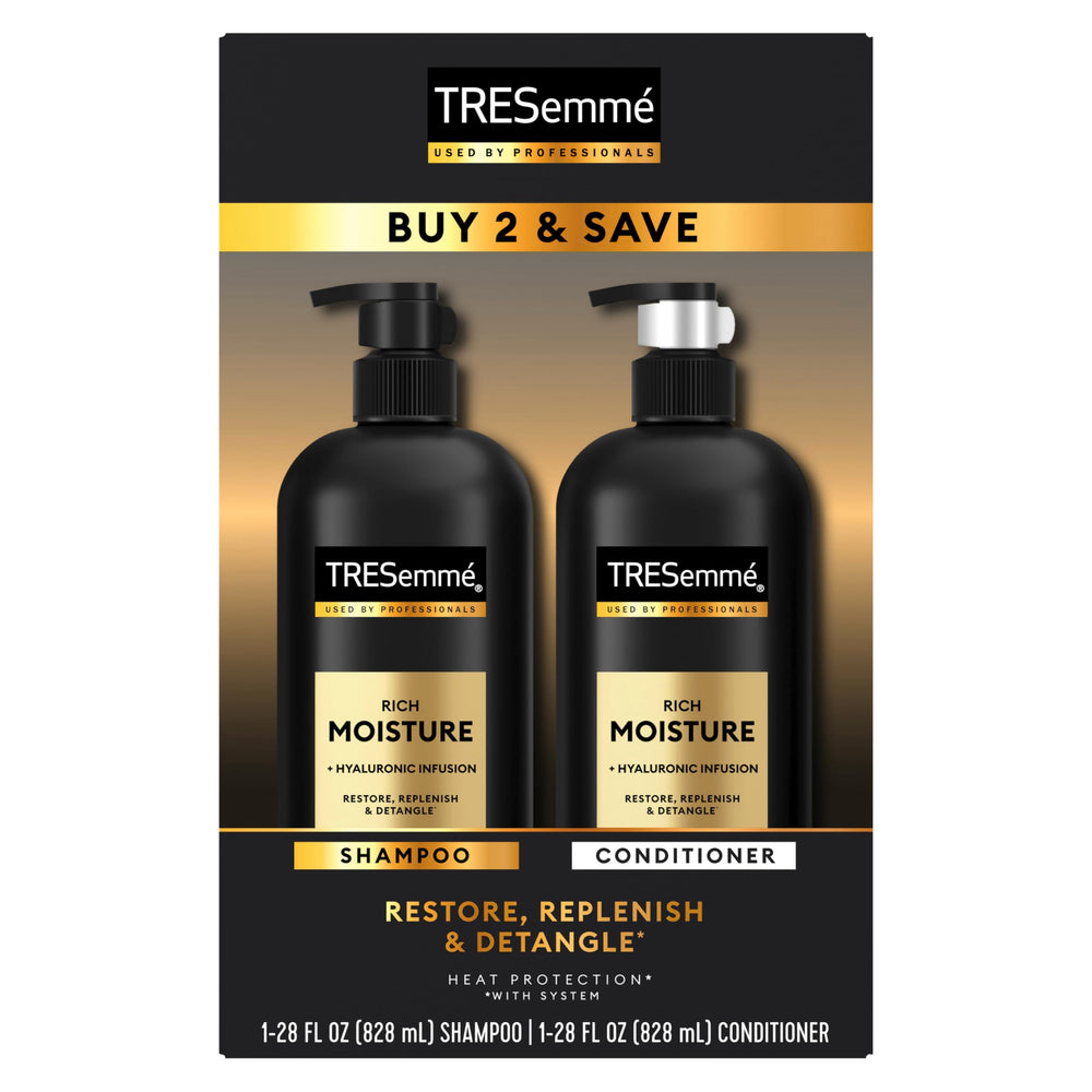 Tresemmé Rich Moisture Après-shampoing en flacon, cheveux hydratés et souples.