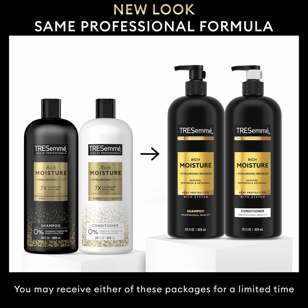 Affichage duo Rich Moisture Tresemmé, emballage clair et logo sans cruauté.