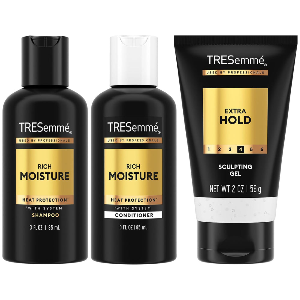 Shampoing voyage TRESemmé, bouteille compacte pour hydratation rapide en déplacement.