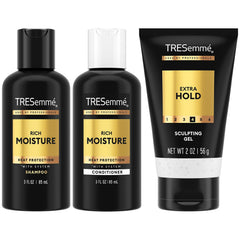 Shampoing voyage TRESemmé, bouteille compacte pour hydratation rapide en déplacement.