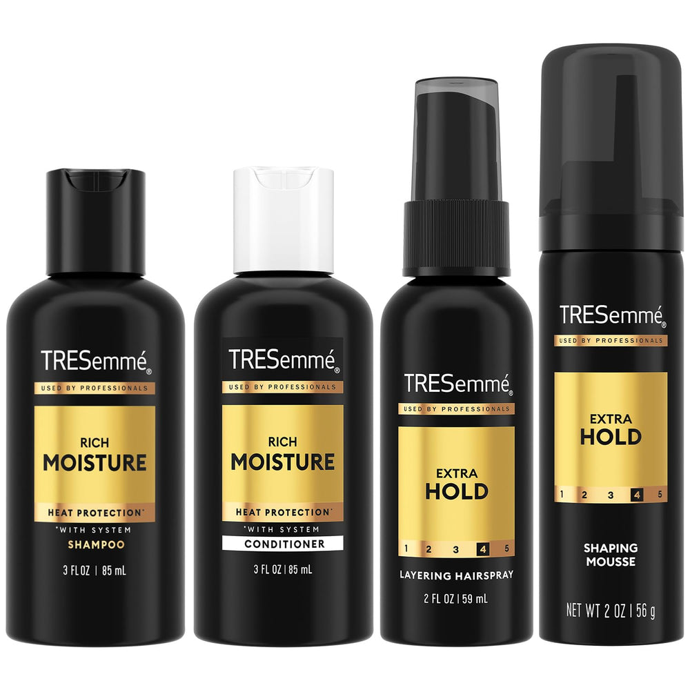Shampoing de voyage TRESemmé, flacon 3 oz pour cheveux propres en déplacement.