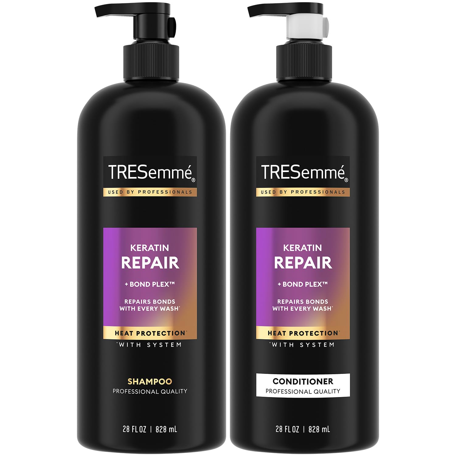 Shampooing Keratin Repair de Tresemmé, bouteille élégante et démêlage facilité.