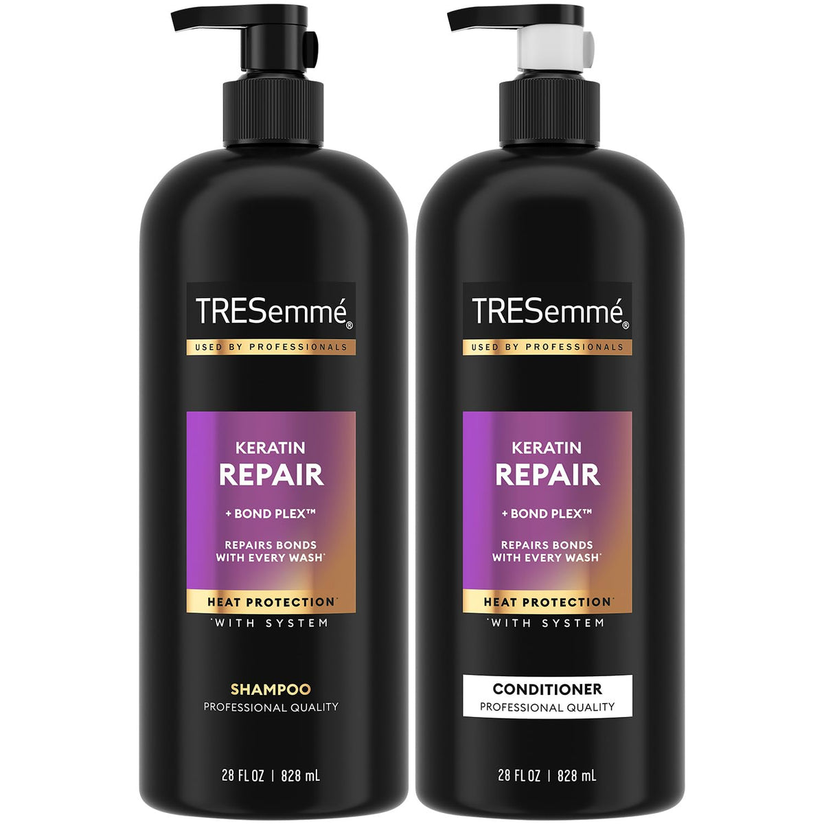 Shampooing Keratin Repair de Tresemmé, bouteille élégante et démêlage facilité.
