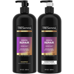 Shampooing Keratin Repair de Tresemmé, bouteille élégante et démêlage facilité.