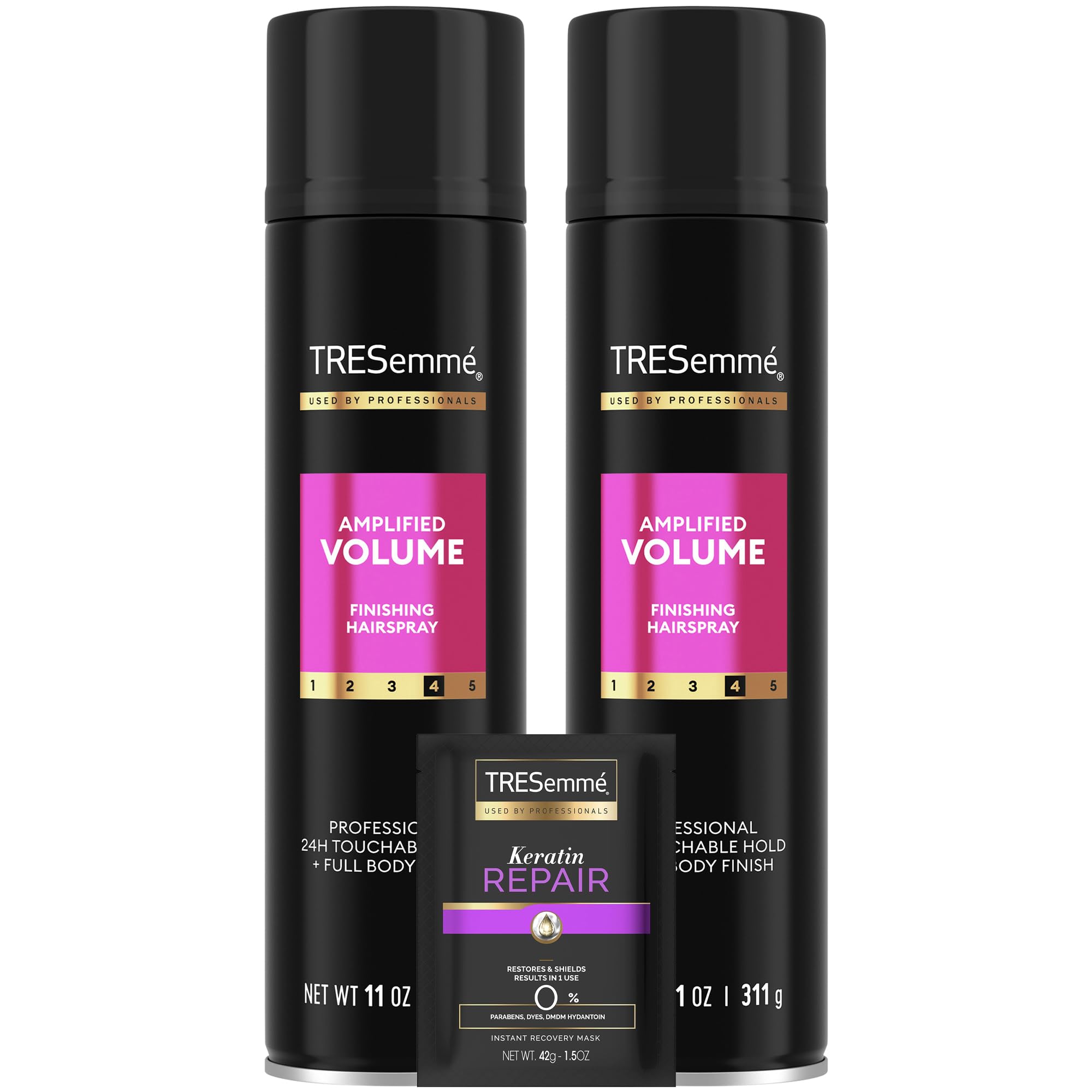 Bouteille TRESemmé Total Volume Fixatif capillaire pour volume durable et tenue légère.