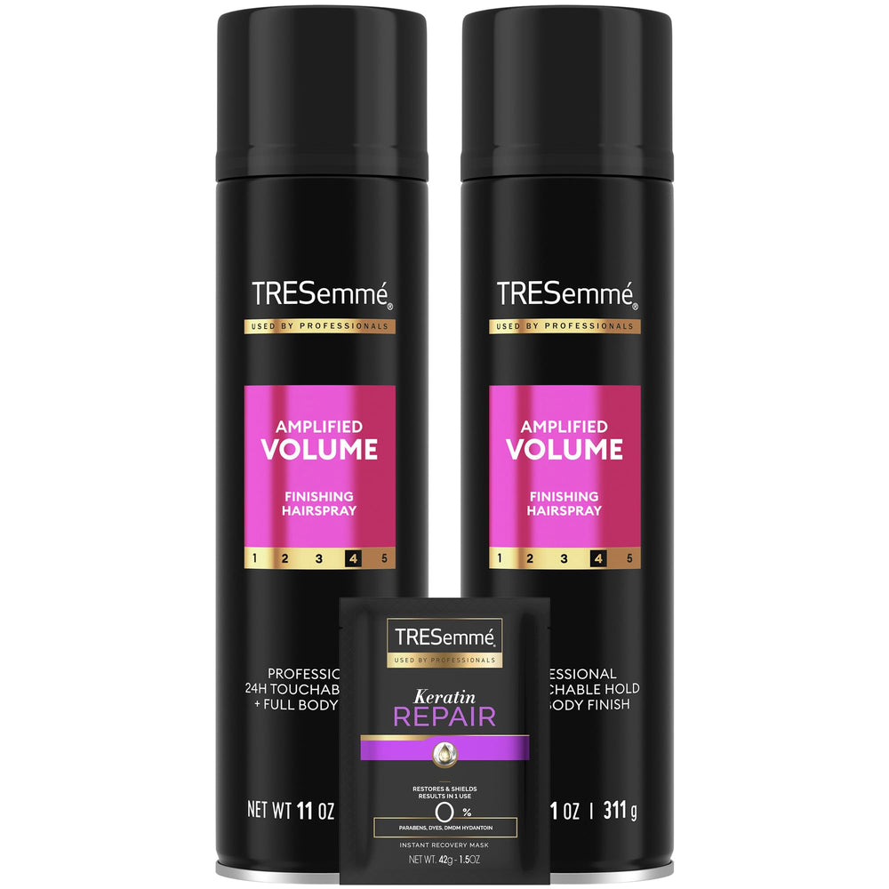 Bouteille TRESemmé Total Volume Fixatif capillaire pour volume durable et tenue légère.
