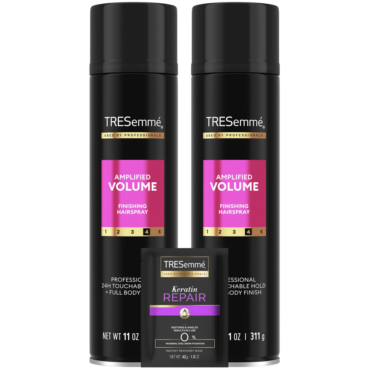 Bouteille TRESemmé Total Volume Fixatif capillaire pour volume durable et tenue légère.