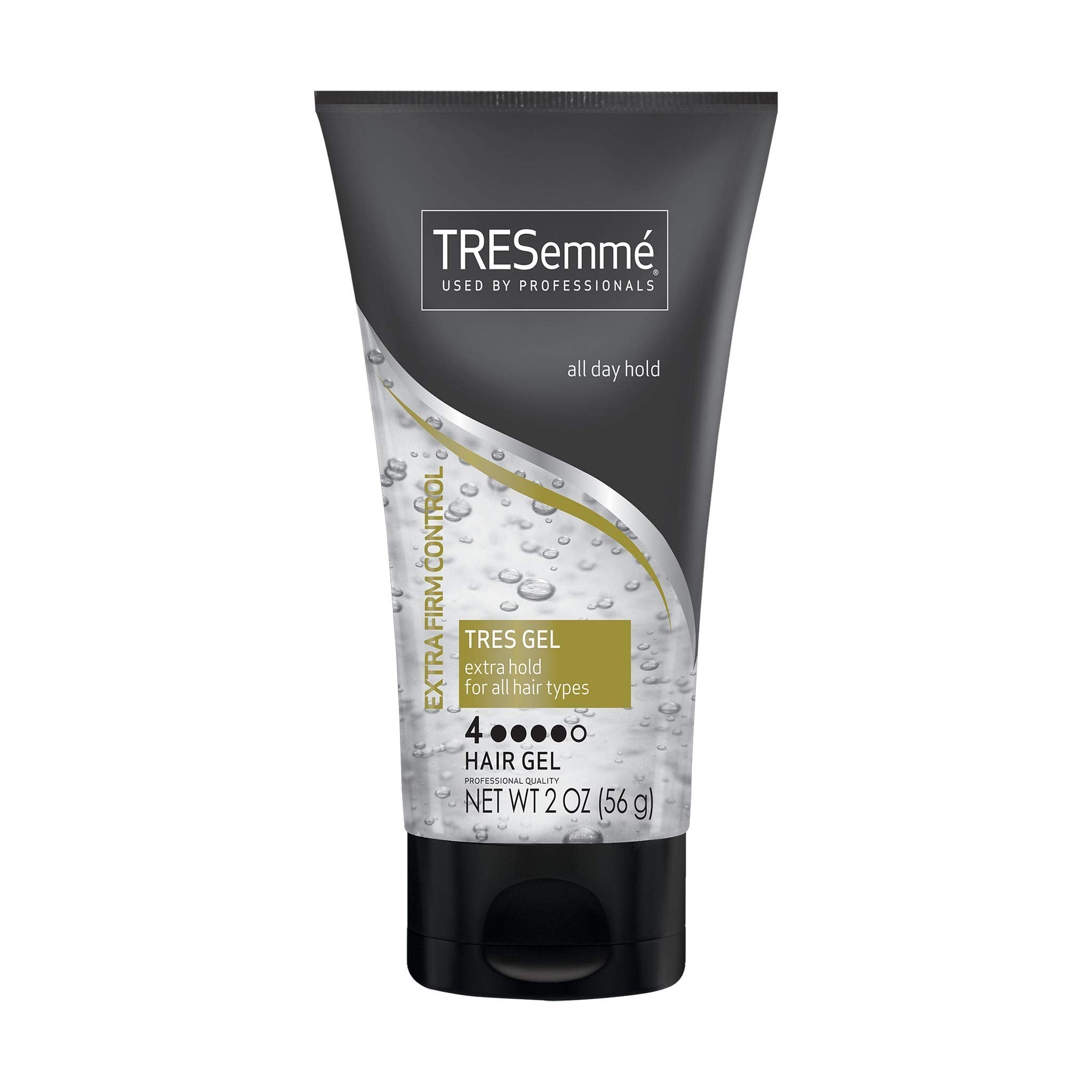 TRESemmé Tres Gel Extra Firm : bouteille affichant tenue longue durée et brillance.