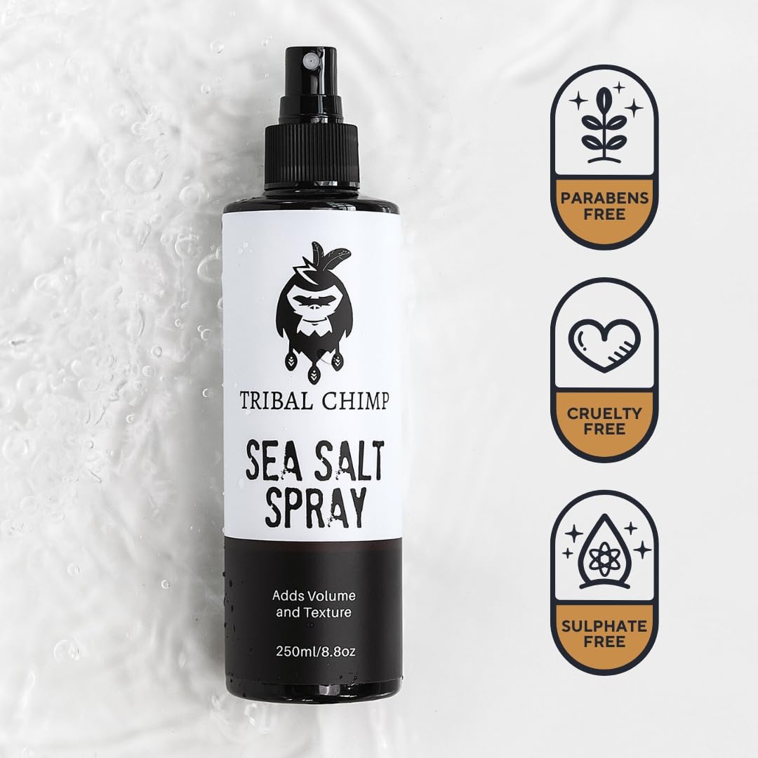 Tribal Chimp Sea Salt Spray used on damp hair for easy styling.