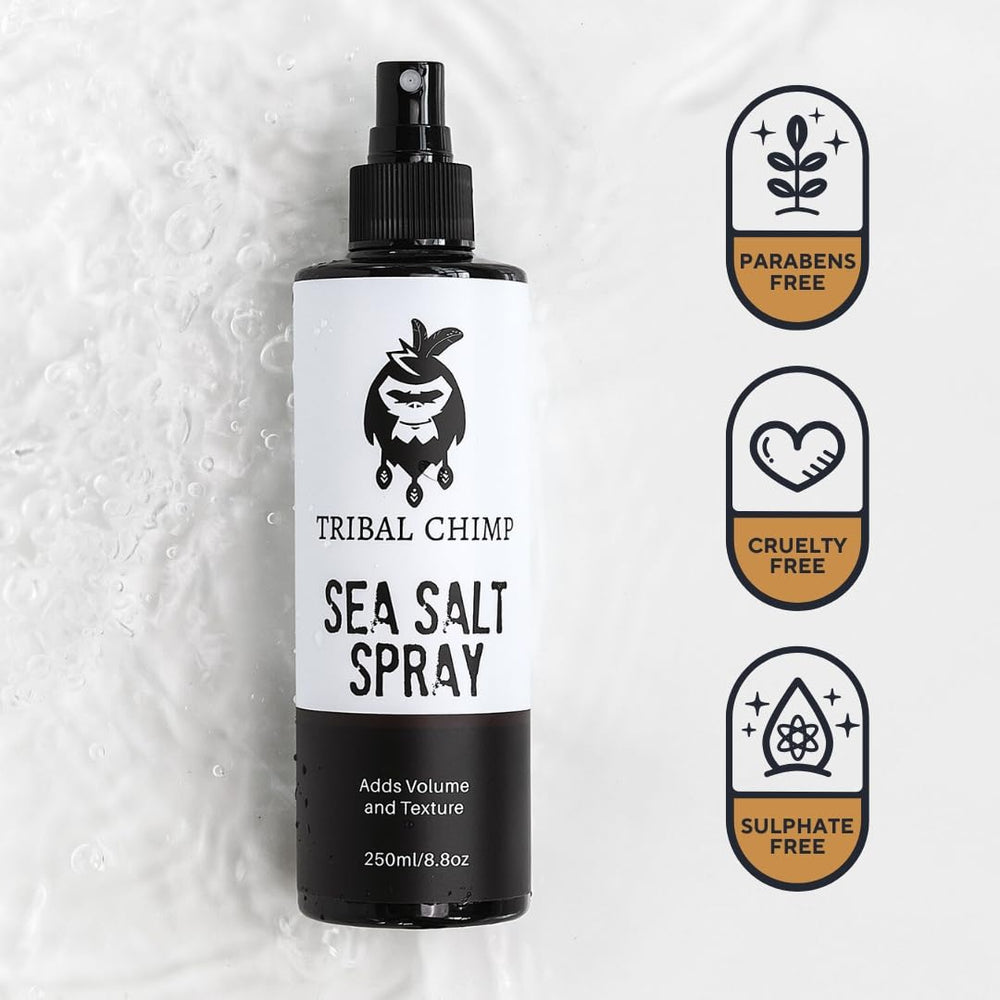 Tribal Chimp Sea Salt Spray used on damp hair for easy styling.