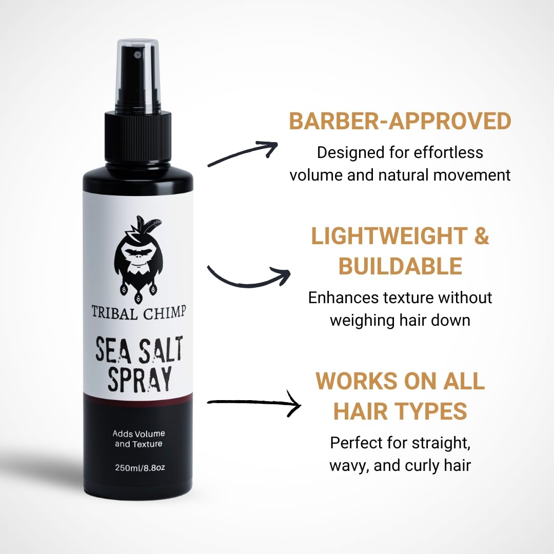 Tribal Chimp Sea Salt Spray on textured hair for a matte finish.