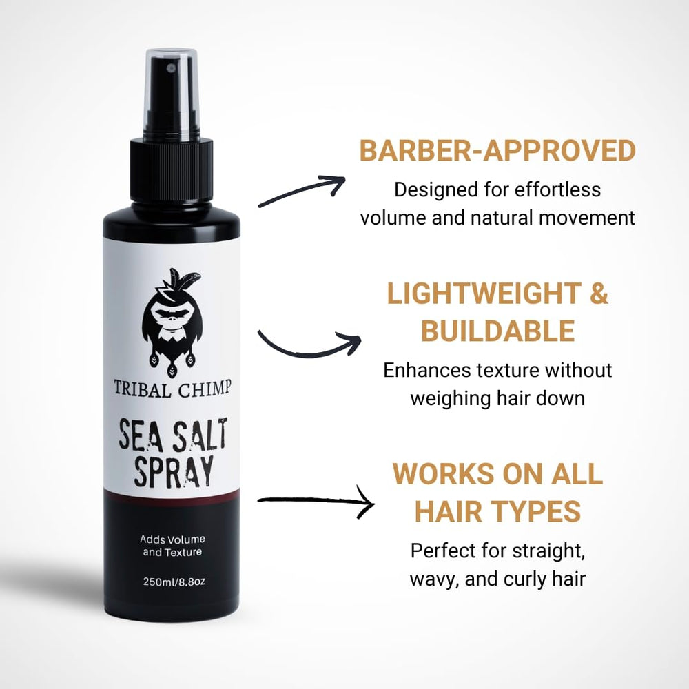 Tribal Chimp Sea Salt Spray on textured hair for a matte finish.