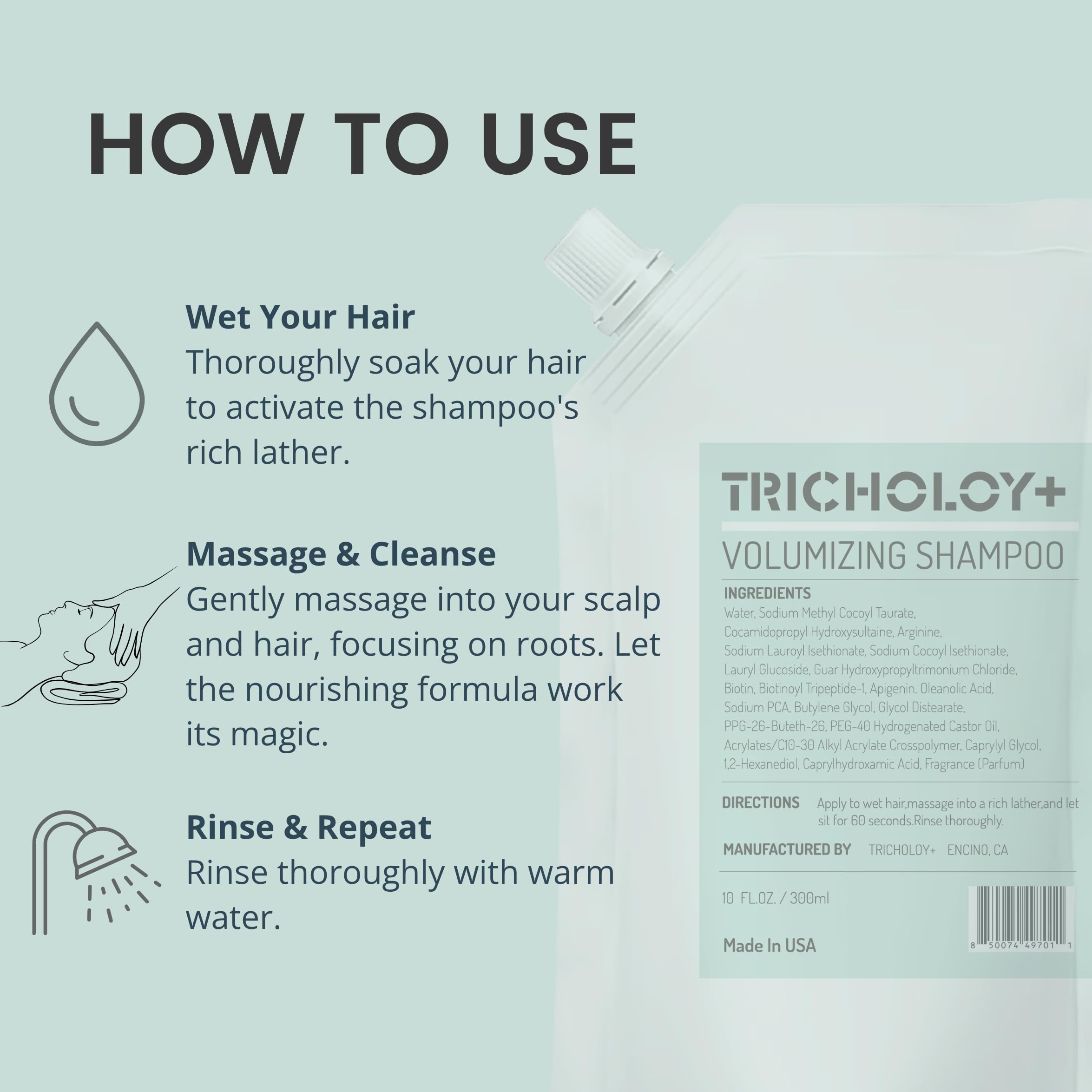 Tricholoy+ Sans sulfates ni parabènes, formule douce pour usage quotidien.