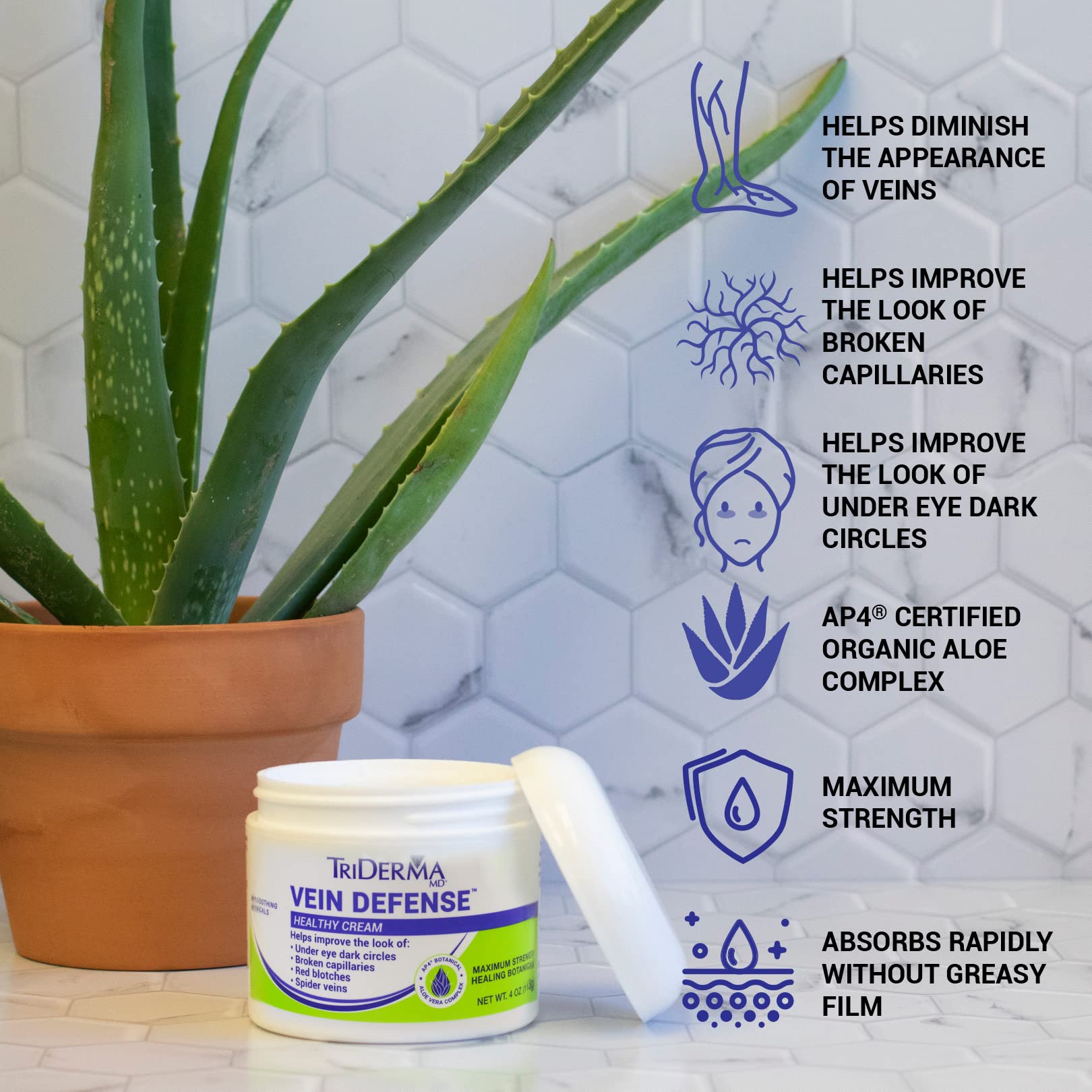 TriDerma Vein Defense Crème avec Arnica, extrait naturel pour nourrir la peau.