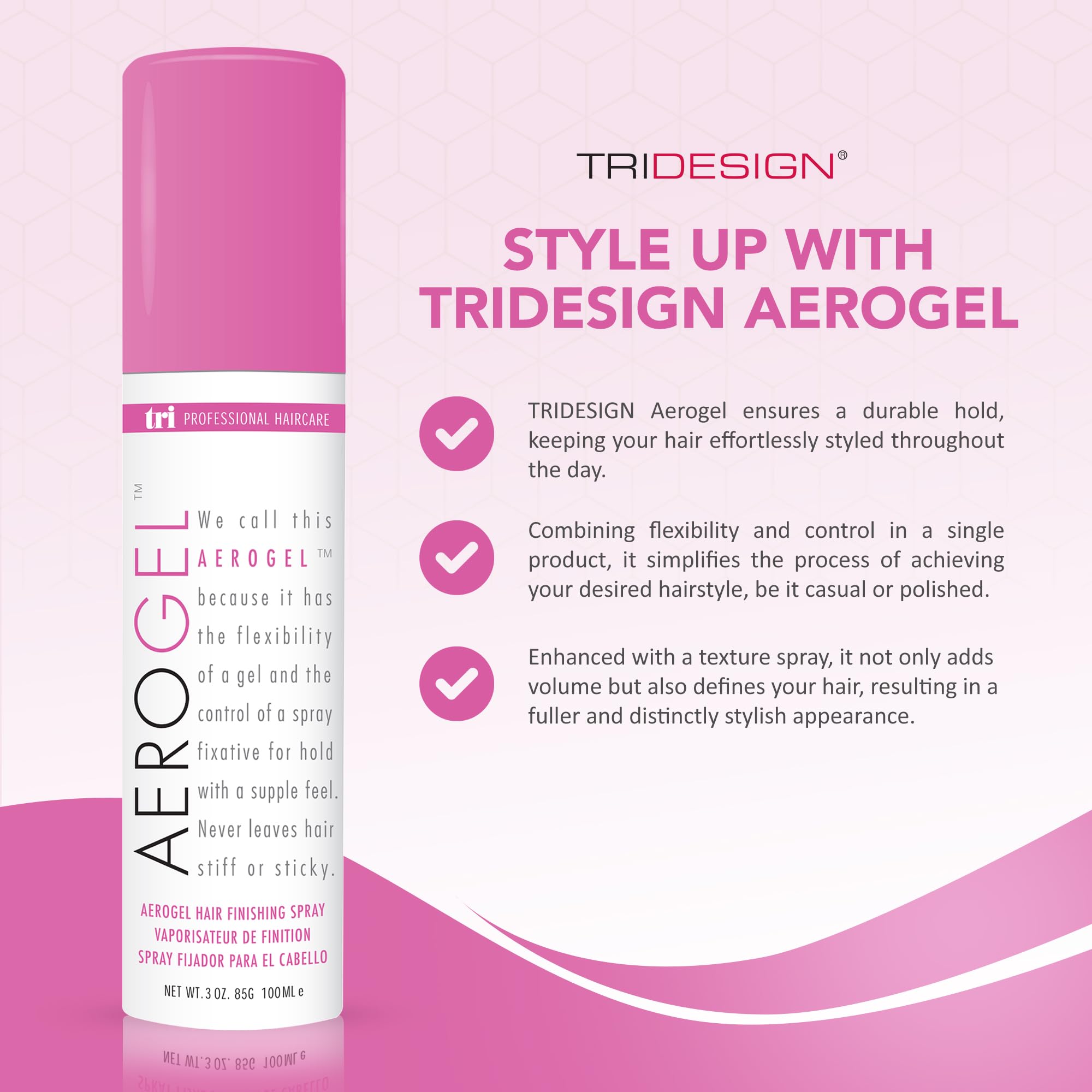 TRIDESIGN Fixatif Aérogel – Brillance durable et coiffage soutenu toute la journée.
