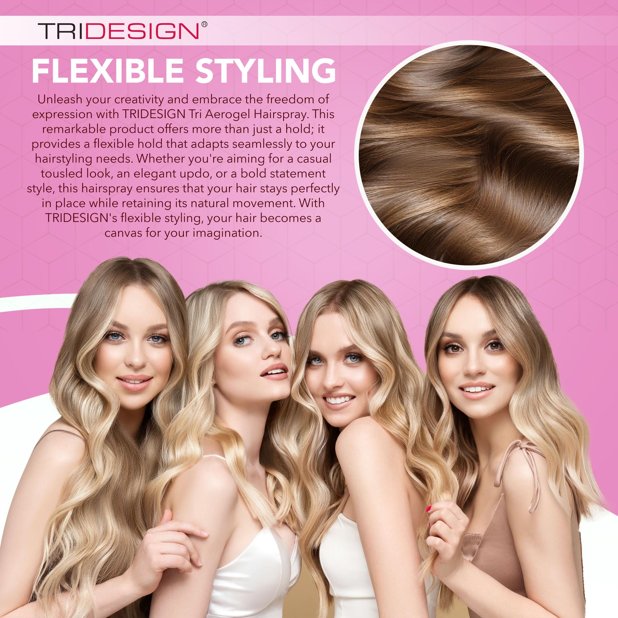 TRI Design Aerogel finition brillante sur cheveux coiffés et volumisés.