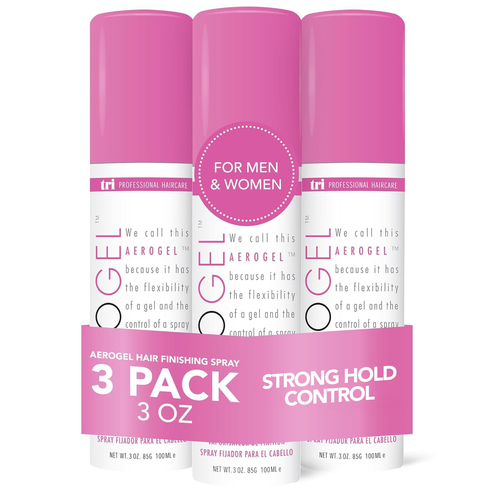 TRIDESIGN Aerogel Hairspray, bouteille 3oz pour maintien fort et flexible.