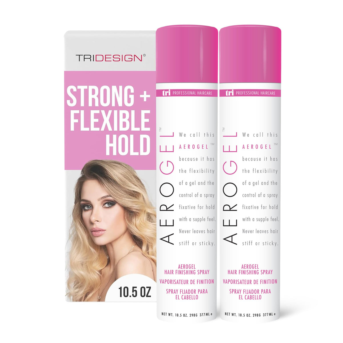 TRIDESIGN Aerogel Hairspray: bouteille prête à l’emploi offrant une tenue légère et durable.