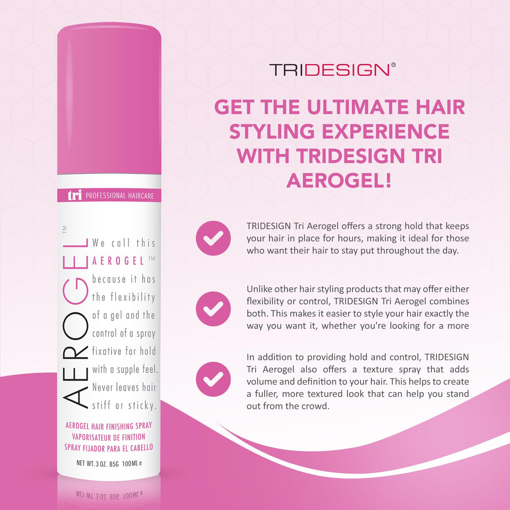 TRIDESIGN Aerogel Hairspray, format voyage pratique pour déplacements.