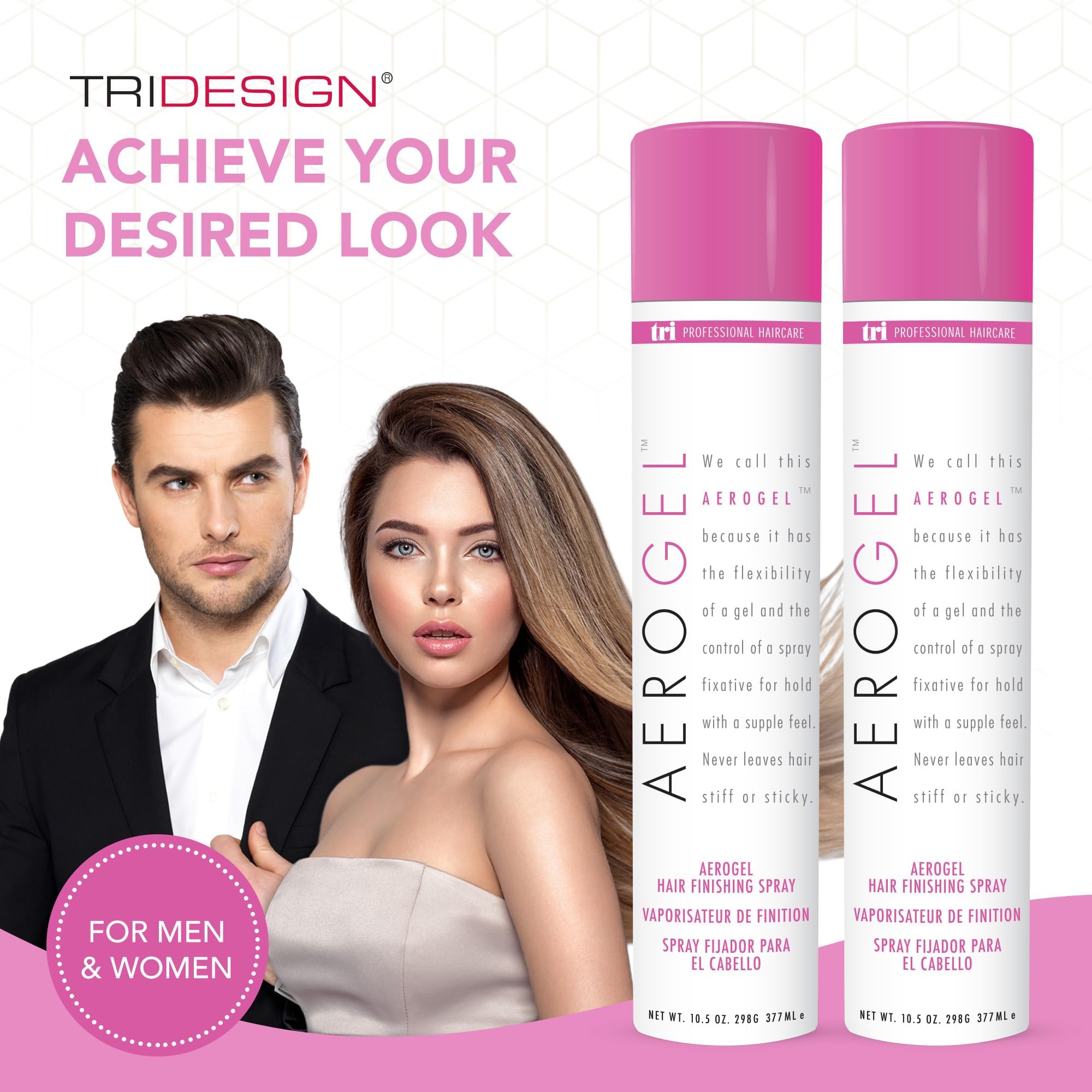 TRIDESIGN Aerogel Hairspray, usage quotidien pour styliser et maintenir la forme.