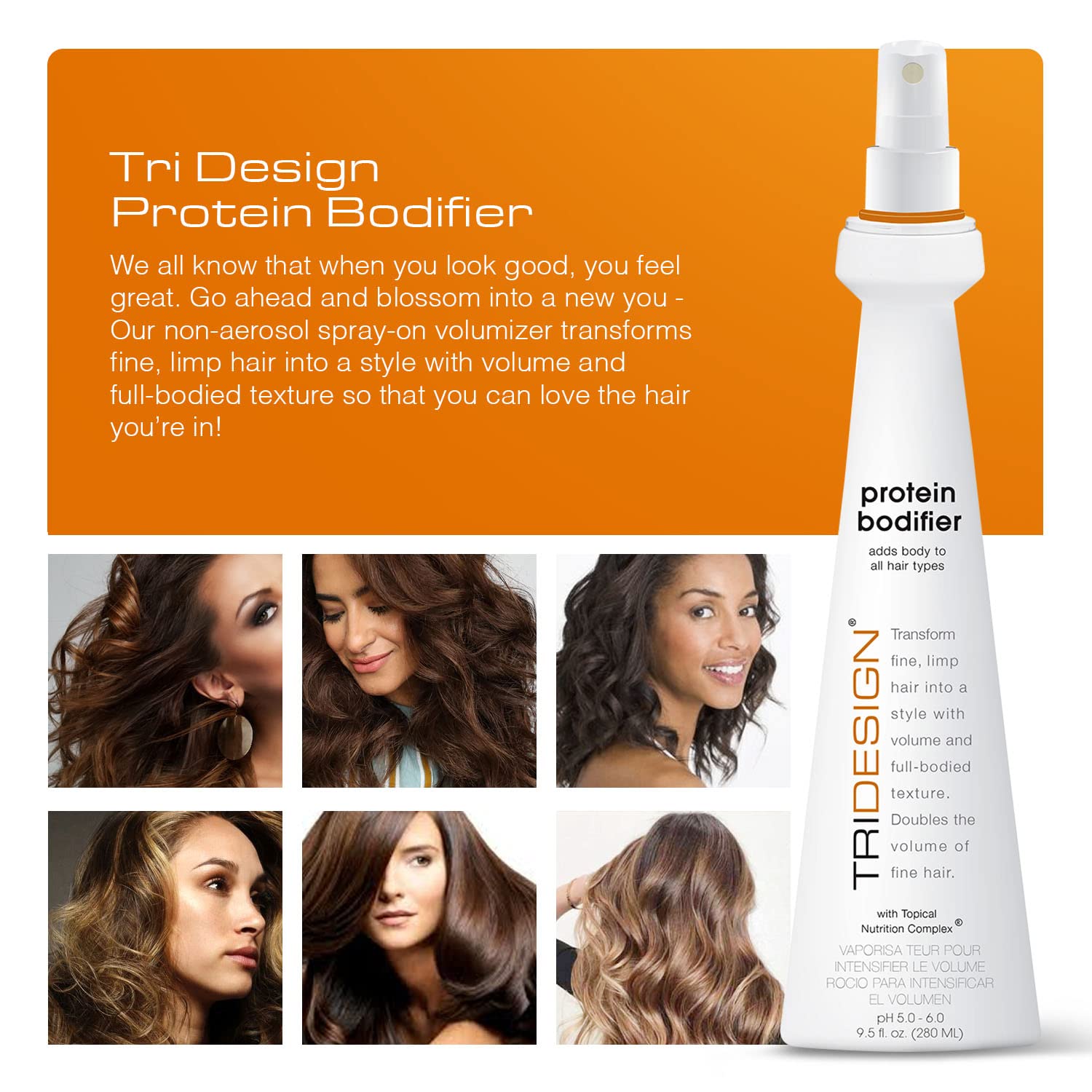 TRIDESIGN Protein Bodifier spray-application demonstrates even distribution for fine hair.