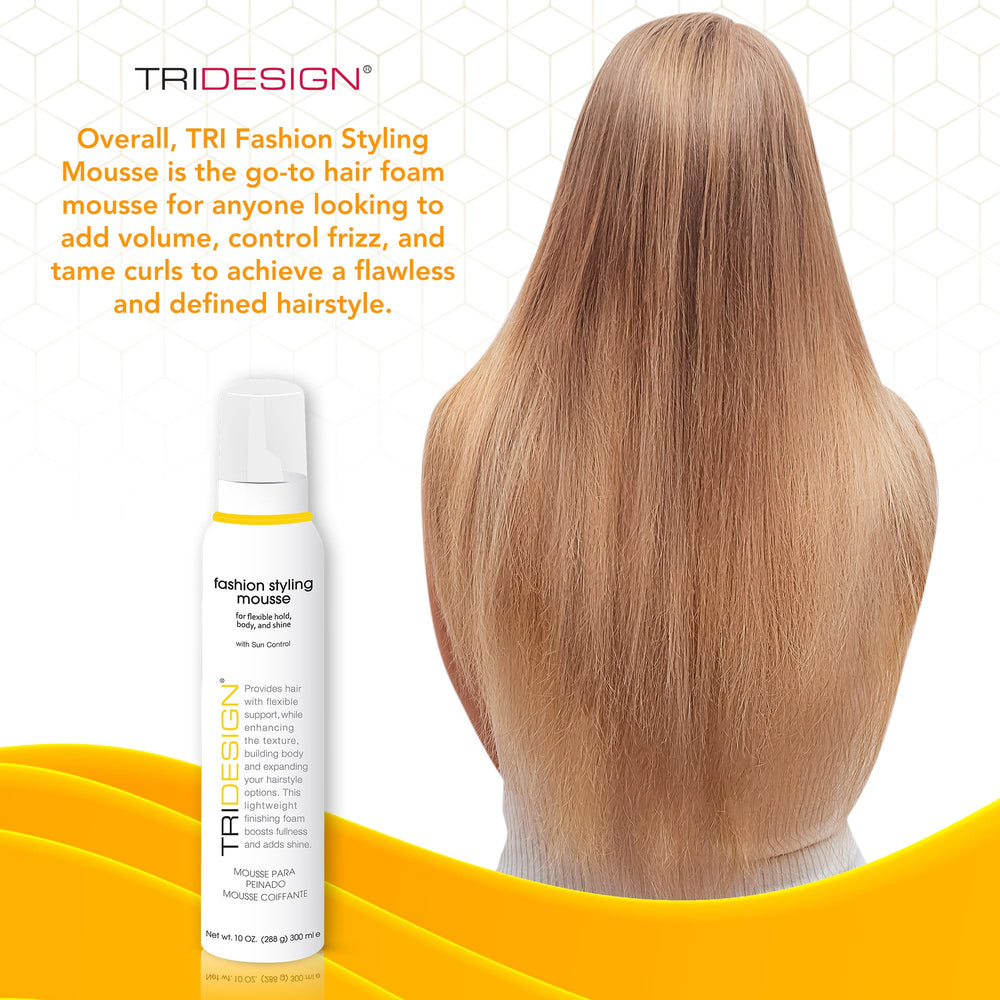 TRI Fashion Mousse : brillance durable et fini soyeux pour une coiffure prête.