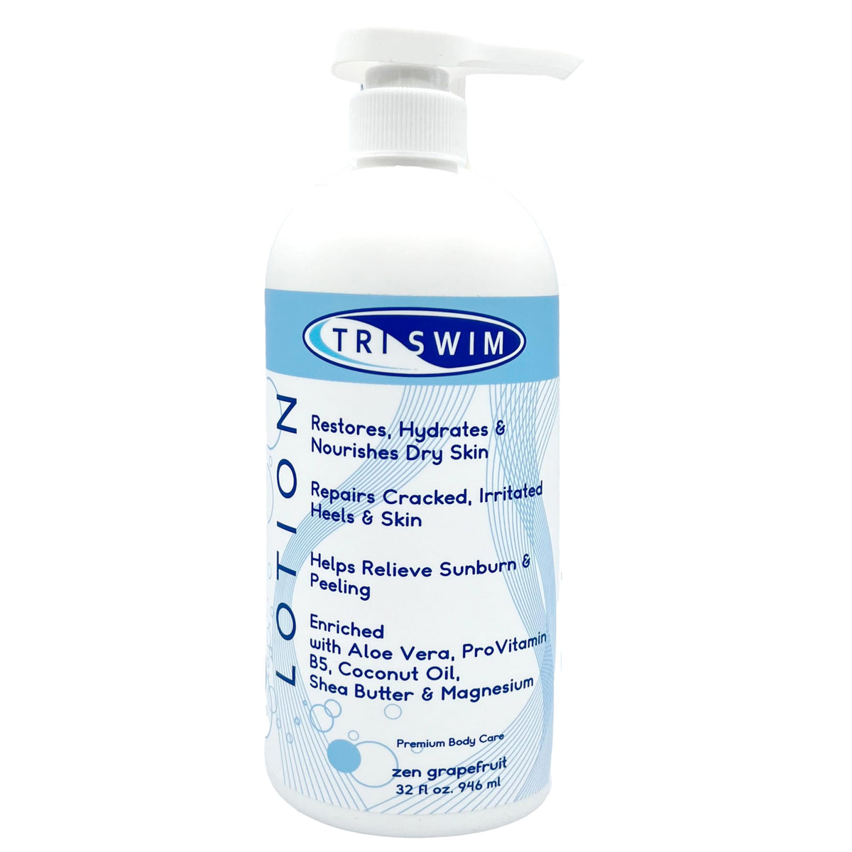TRISWIM Lotion de natation — bouteille 32 oz avec pompe, pratique pour application rapide.