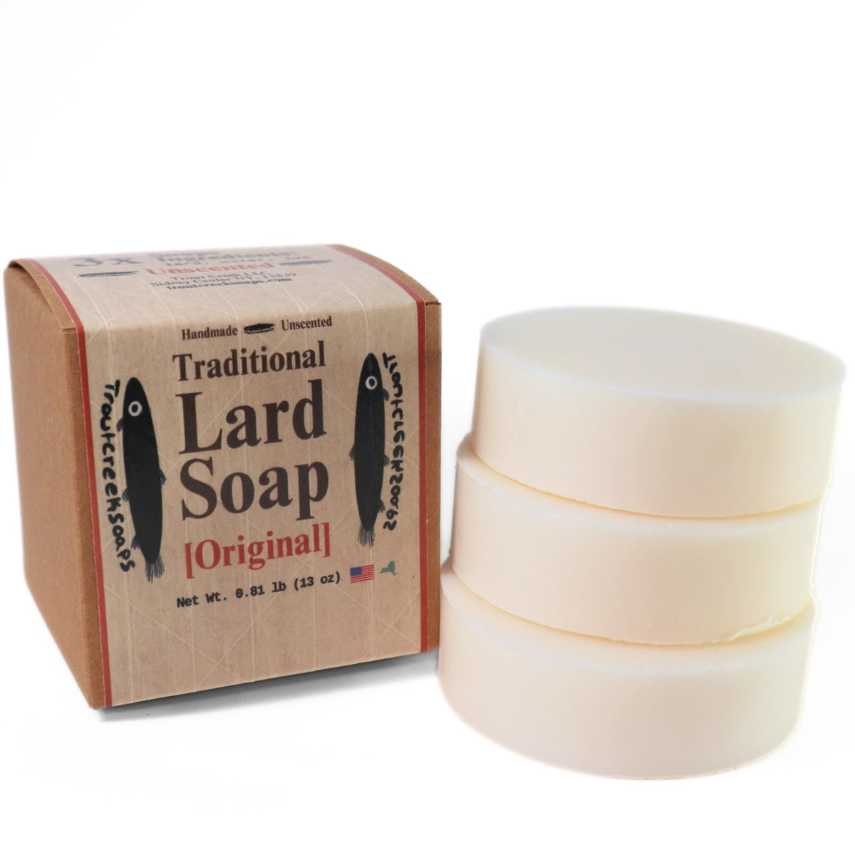 Savon Troutcreeksoaps traditionnel au lard, barre de 4 oz prête pour l’usage quotidien.