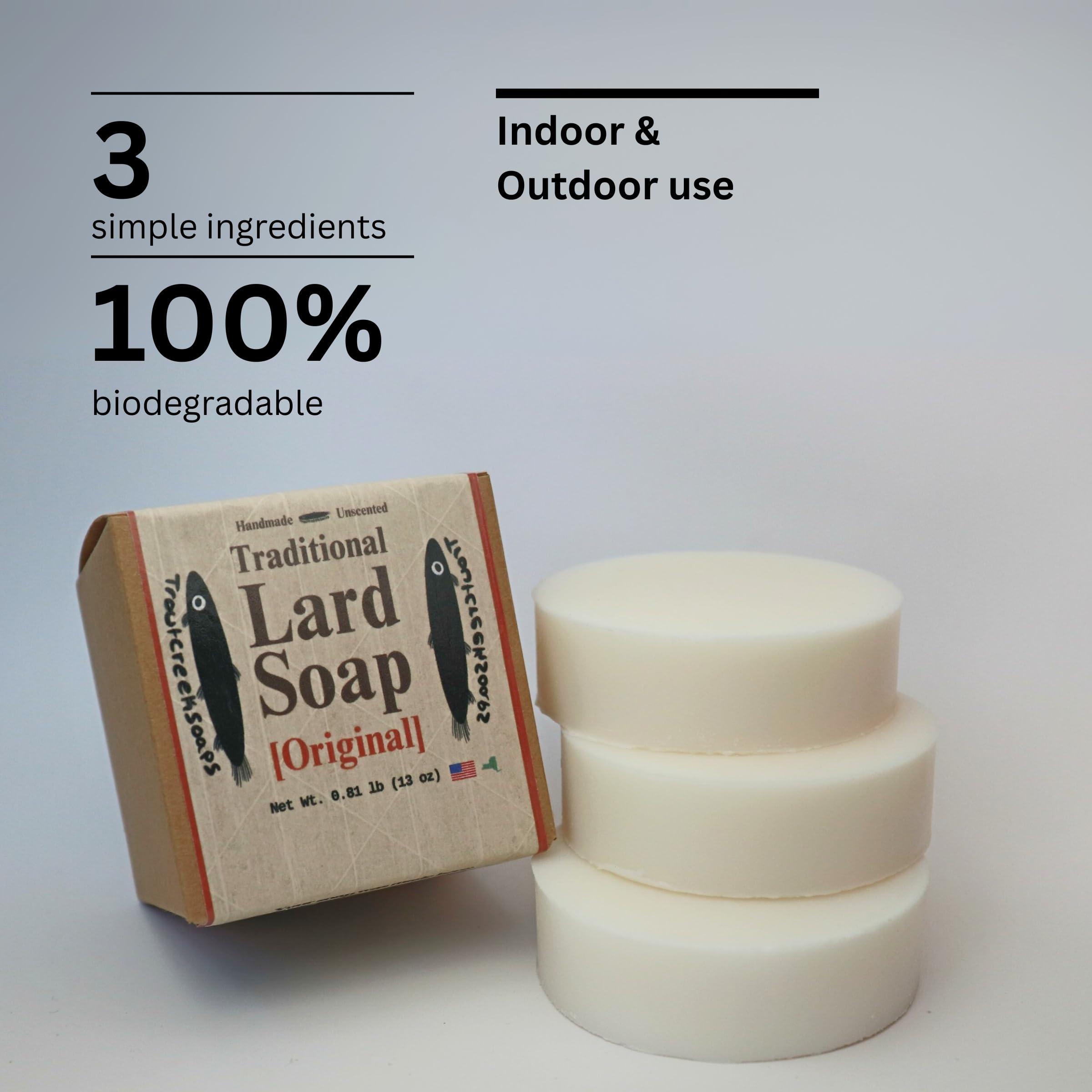 Ingrédients simples: lard, eau et soude, affichage clair pour transparence.